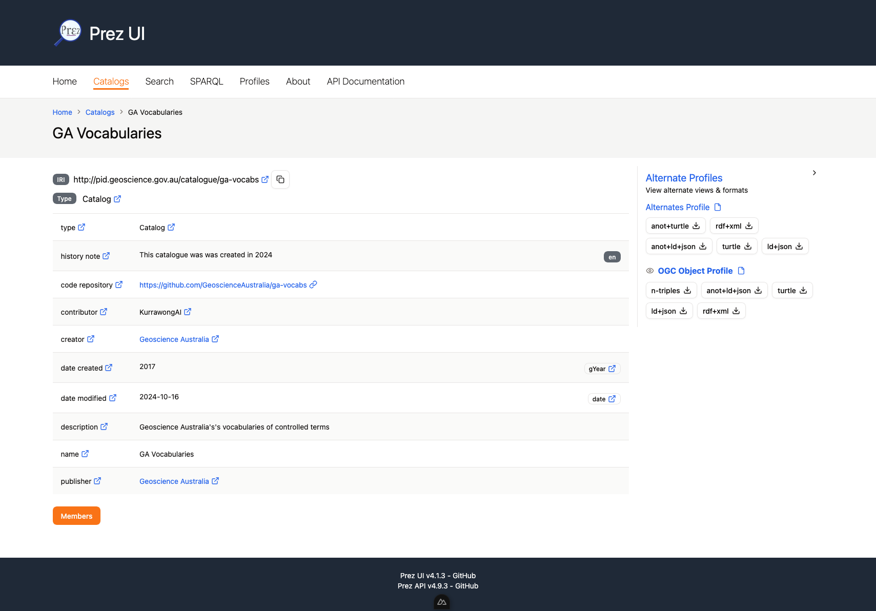 Screenshot of a catalogue in Prez UI